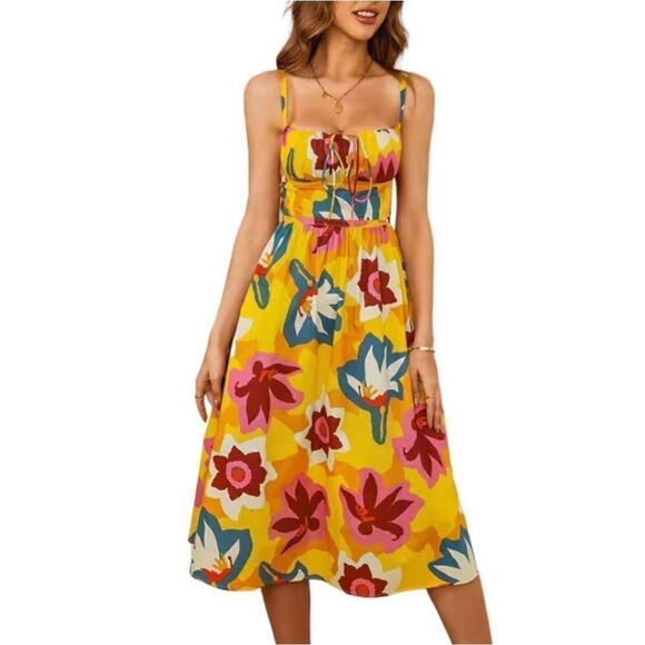 NWT Cupshe Cassia Square Neck Backless Floral Tropical Cotton Midi Dress M - Picture 1 of 10
